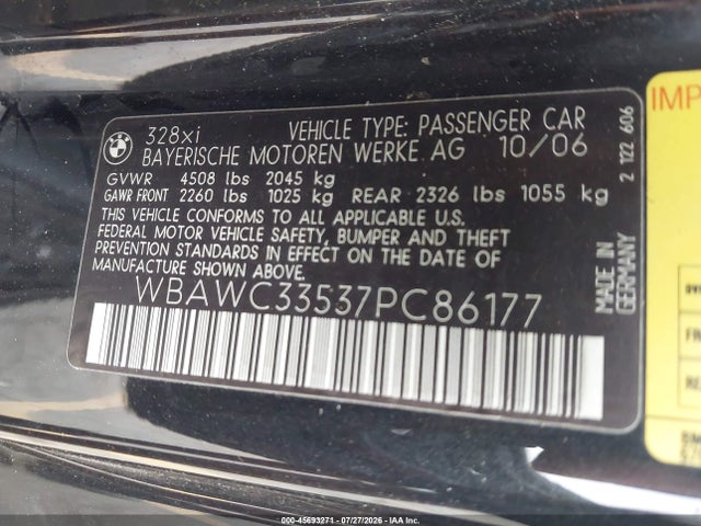 Продажа на аукционе авто 2007 Bmw 328xi, vin: WBAWC33537PC86177, номер лота: 45693271