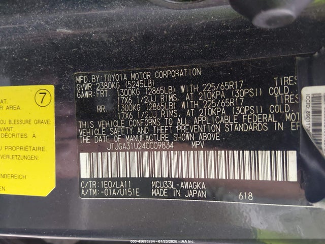 Aukcja sprzedaży 2004 Lexus Rx 330, vin: JTJGA31U240009834, numer aukcji: 45693294
