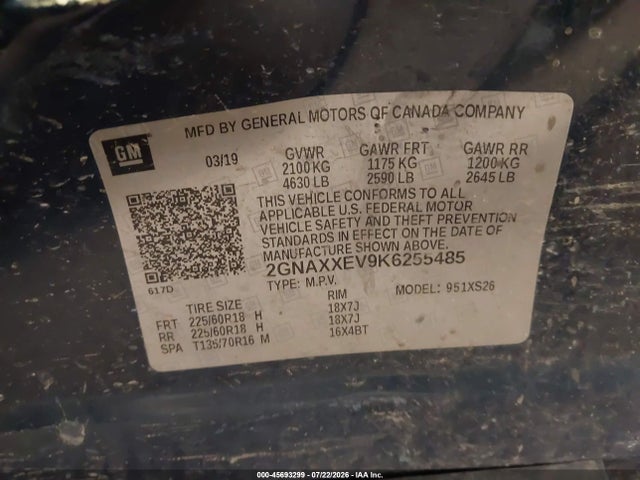 2019 Chevrolet Equinox Premier მანქანა იყიდება აუქციონზე, vin: 2GNAXXEV9K6255485, აუქციონის ნომერი: 45693299