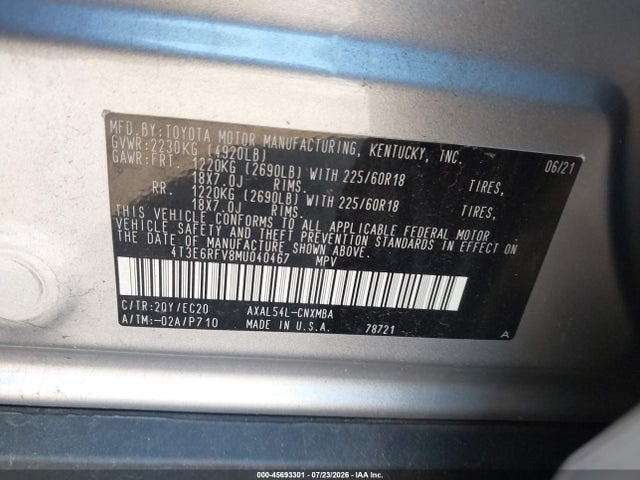 45693301 :رقم المزاد ، 4T3E6RFV8MU040467 vin ، 2021 Toyota Rav4 Hybrid Xse مزاد بيع