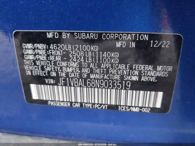 2022 Subaru Wrx Limited მანქანა იყიდება აუქციონზე, vin: JF1VBAL68N9033519, აუქციონის ნომერი: 45693303