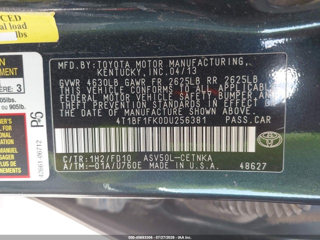 2013 Toyota Camry Le მანქანა იყიდება აუქციონზე, vin: 4T1BF1FK0DU256381, აუქციონის ნომერი: 45693306