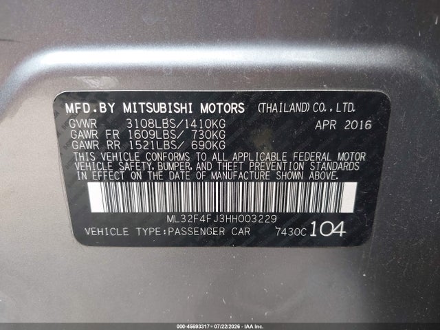 Aukcja sprzedaży 2017 Mitsubishi Mirage G4 Se, vin: ML32F4FJ3HH003229, numer aukcji: 45693317