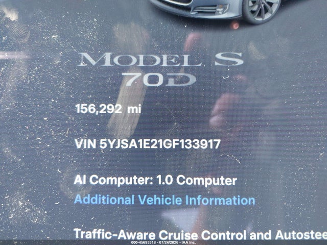2016 Tesla Model S 60d/70d/75d/85d/90d მანქანა იყიდება აუქციონზე, vin: 5YJSA1E21GF133917, აუქციონის ნომერი: 45693318
