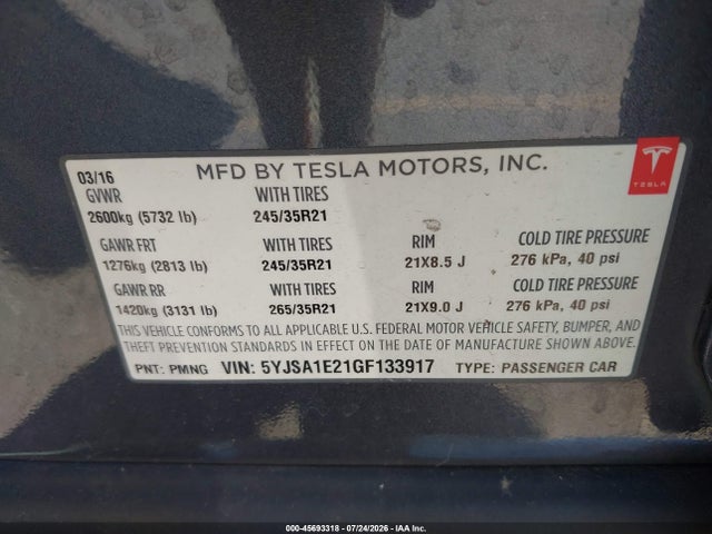 2016 Tesla Model S 60d/70d/75d/85d/90d მანქანა იყიდება აუქციონზე, vin: 5YJSA1E21GF133917, აუქციონის ნომერი: 45693318