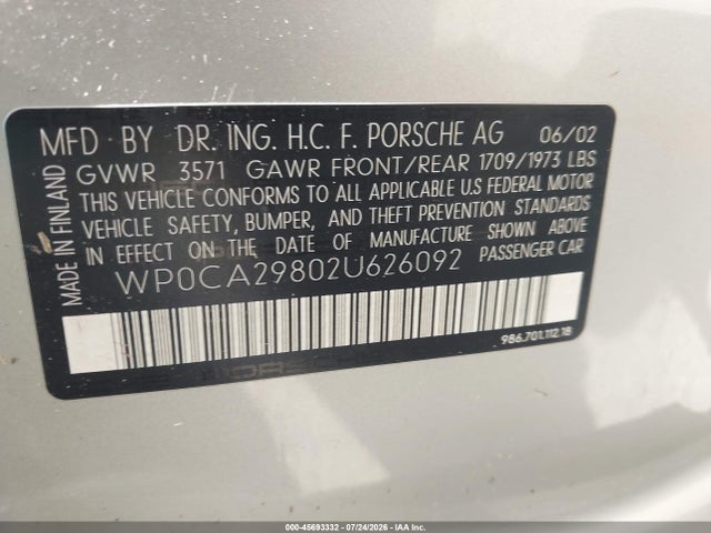 Продажа на аукционе авто 2002 Porsche Boxster, vin: WP0CA29802U626092, номер лота: 45693332