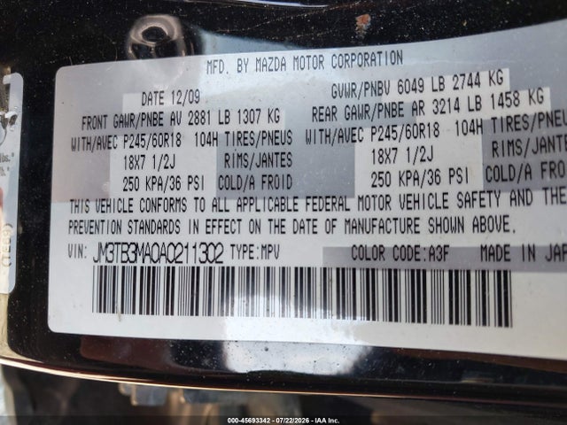 Aukcja sprzedaży 2010 Mazda Cx-9 Touring, vin: JM3TB3MA0A0211302, numer aukcji: 45693342