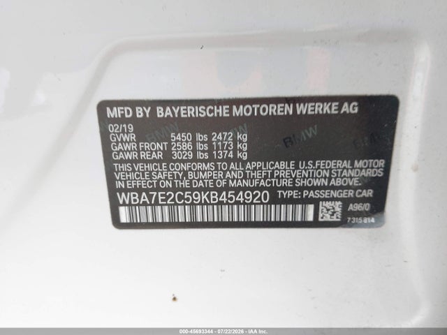 Продаж на аукціоні авто 2019 Bmw 740i, vin: WBA7E2C59KB454920, номер лоту: 45693344