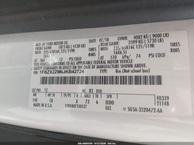 1FBZX2ZM6JKB42724 Ford Transit-350 Xl