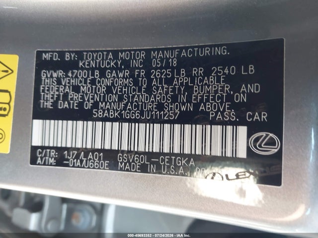 2018 Lexus Es 350 მანქანა იყიდება აუქციონზე, vin: 58ABK1GG6JU111257, აუქციონის ნომერი: 45693352