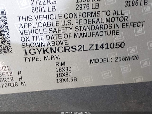 45693359 :رقم المزاد ، 1GYKNCRS2LZ141050 vin ، 2020 Cadillac Xt5 Fwd Premium Luxury مزاد بيع