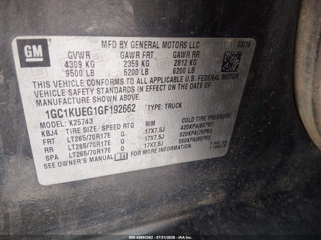 Aukcja sprzedaży 2016 Chevrolet Silverado 2500hd Work Truck, vin: 1GC1KUEG1GF192662, numer aukcji: 45693362