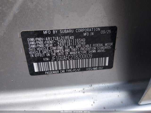 2026 Subaru Impreza Sport მანქანა იყიდება აუქციონზე, vin: JF1GUAFC2T8200609, აუქციონის ნომერი: 45693382