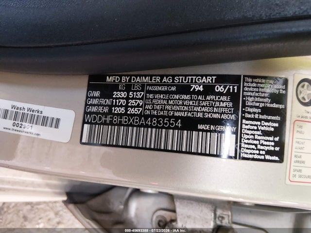 45693388 :رقم المزاد ، WDDHF8HBXBA483554 vin ، 2011 Mercedes-benz E 350 4matic مزاد بيع