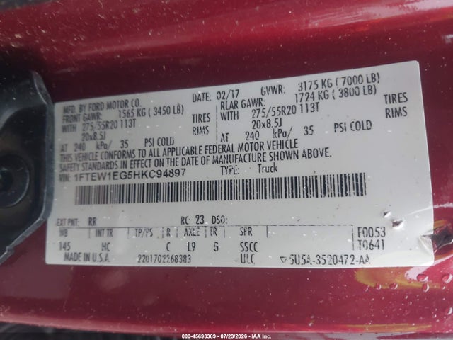 45693389 :رقم المزاد ، 1FTEW1EG5HKC94897 vin ، 2017 Ford F-150 Lariat مزاد بيع