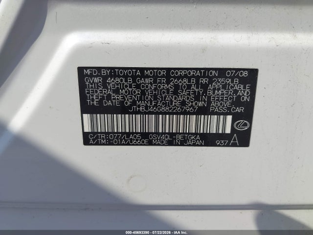 Aukcja sprzedaży 2008 Lexus Es 350, vin: JTHBJ46G882267967, numer aukcji: 45693390
