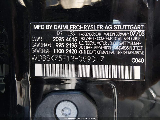 Aukcja sprzedaży 2003 Mercedes-benz Sl 500, vin: WDBSK75F13F059017, numer aukcji: 45693391