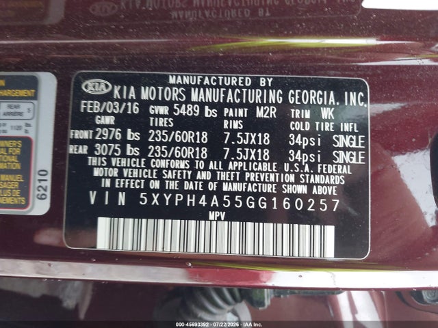 Продаж на аукціоні авто 2016 Kia Sorento 3.3l Ex, vin: 5XYPH4A55GG160257, номер лоту: 45693392