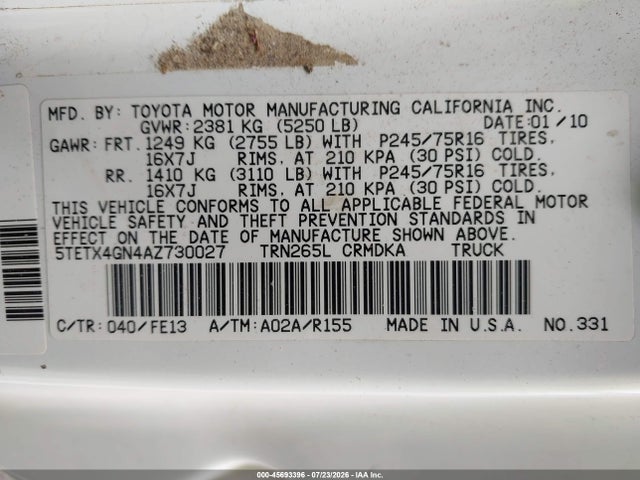 2010 Toyota Tacoma Prerunner მანქანა იყიდება აუქციონზე, vin: 5TETX4GN4AZ730027, აუქციონის ნომერი: 45693396