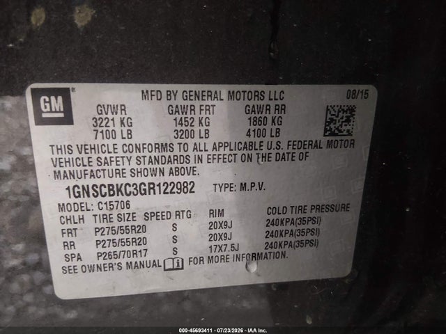 Aukcja sprzedaży 2016 Chevrolet Tahoe Lt, vin: 1GNSCBKC3GR122982, numer aukcji: 45693411