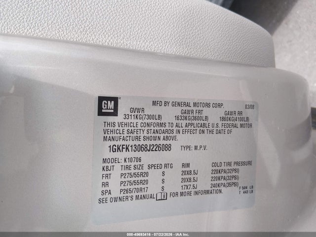 45693416 :رقم المزاد ، 1GKFK13068J226088 vin ، 2008 Gmc Yukon Slt مزاد بيع