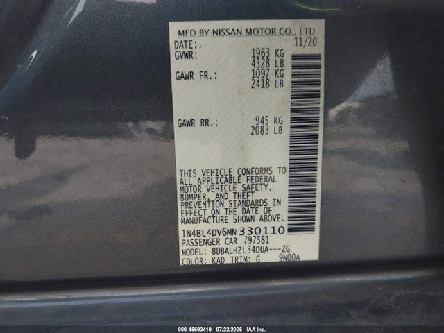 Продажа на аукционе авто 2021 Nissan Altima Sv Fwd, vin: 1N4BL4DV6MN330110, номер лота: 45693419