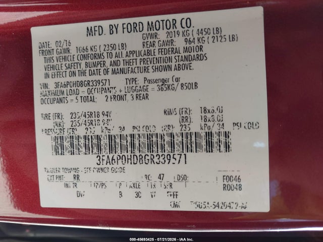 Продажа на аукционе авто 2016 Ford Fusion Se, vin: 3FA6P0HD8GR339571, номер лота: 45693425
