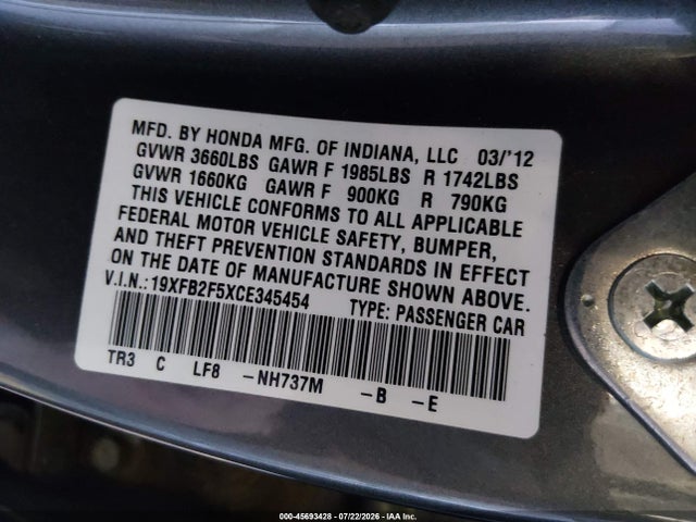 Aukcja sprzedaży 2012 Honda Civic Lx, vin: 19XFB2F5XCE345454, numer aukcji: 45693428