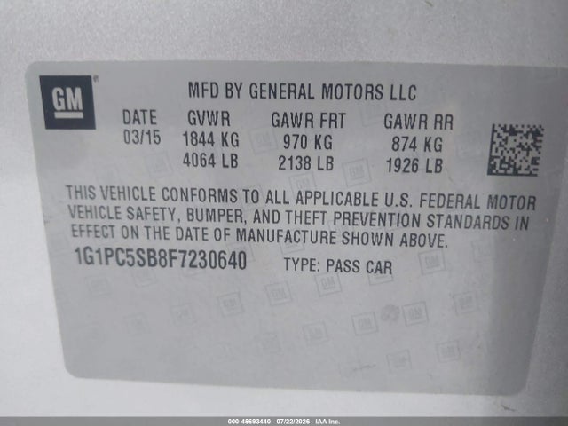 1G1PC5SB8F7230640 Chevrolet Cruze 1lt Auto