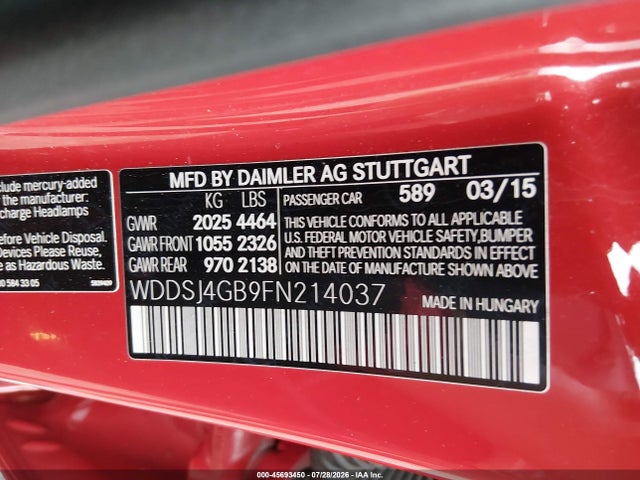 Aukcja sprzedaży 2015 Mercedes-benz Cla 250 4matic, vin: WDDSJ4GB9FN214037, numer aukcji: 45693450
