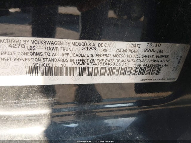 Aukcja sprzedaży 2011 Volkswagen Jetta Sportwagen 2.5l S, vin: 3VWKX7AJ5BM631036, numer aukcji: 45693452