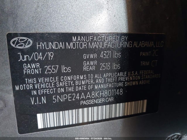 45693454 :رقم المزاد ، 5NPE24AA8KH801148 vin ، 2019 Hyundai Sonata Eco مزاد بيع