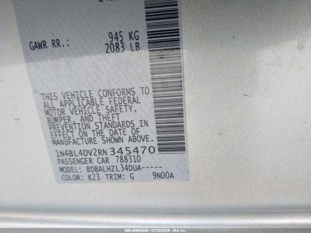 2024 Nissan Altima Sv Fwd მანქანა იყიდება აუქციონზე, vin: 1N4BL4DV2RN345470, აუქციონის ნომერი: 45693458