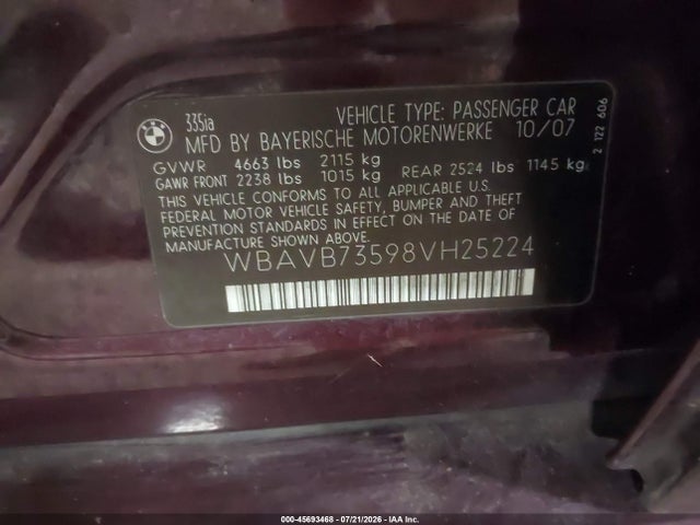 Aukcja sprzedaży 2008 Bmw 335i, vin: WBAVB73598VH25224, numer aukcji: 45693468