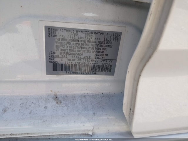 Aukcja sprzedaży 2022 Nissan Sentra Sv Xtronic Cvt, vin: 3N1AB8CV1NY254756, numer aukcji: 45693482