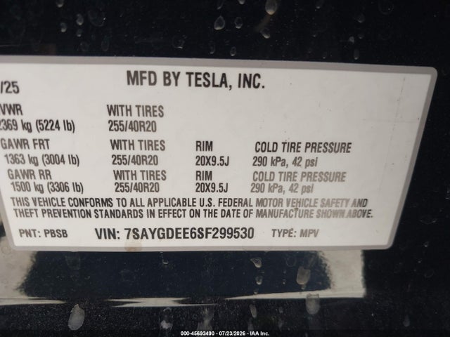 Продажа на аукционе авто 2025 Tesla Model Y Long Range Dual Motor All-wheel Drive, vin: 7SAYGDEE6SF299530, номер лота: 45693490