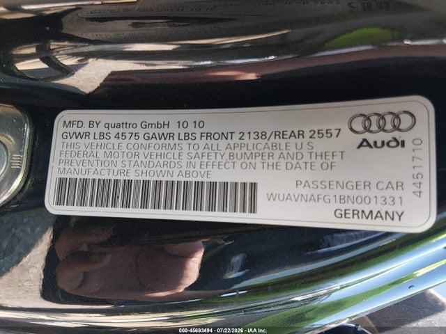 2011 Audi R8 5.2 მანქანა იყიდება აუქციონზე, vin: WUAVNAFG1BN001331, აუქციონის ნომერი: 45693494