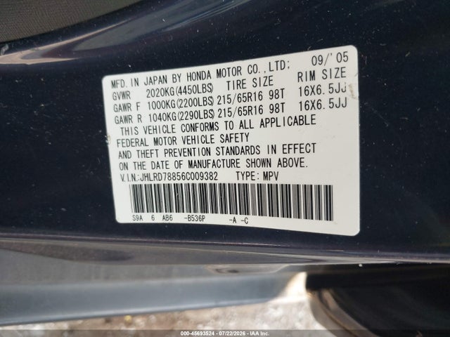 Продажа на аукционе авто 2006 Honda Cr-v Ex, vin: JHLRD78856C009382, номер лота: 45693524