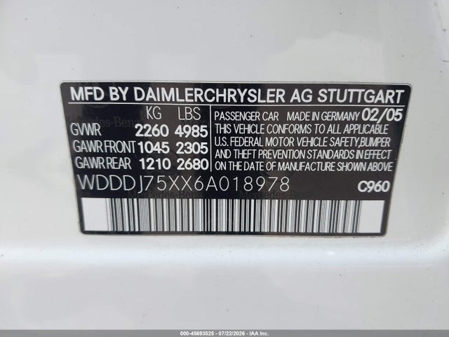 Aukcja sprzedaży 2006 Mercedes-benz Cls 500, vin: WDDDJ75XX6A018978, numer aukcji: 45693525
