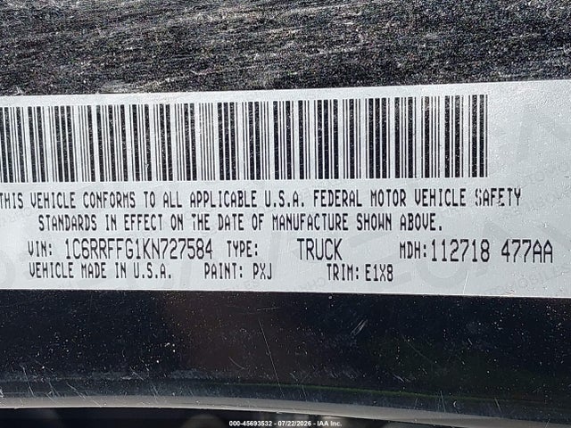 Auction sale of the 2019 Ram 1500 Big Horn/lone Star  4x4 5'7 Box, vin: 1C6RRFFG1KN727584, lot number: 45693532