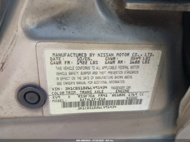2006 Nissan Sentra 1.8s მანქანა იყიდება აუქციონზე, vin: 3N1CB51D26L491434, აუქციონის ნომერი: 45693534