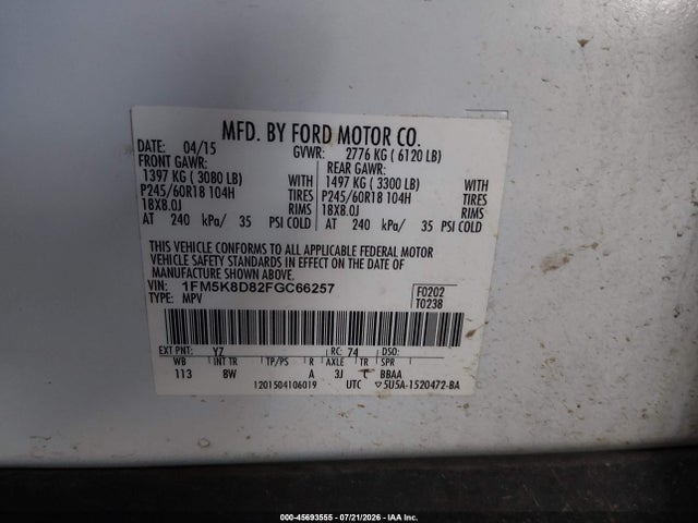 Ford EXPLORER XLT 2015 1FM5K8D82FGC66257 Image 9