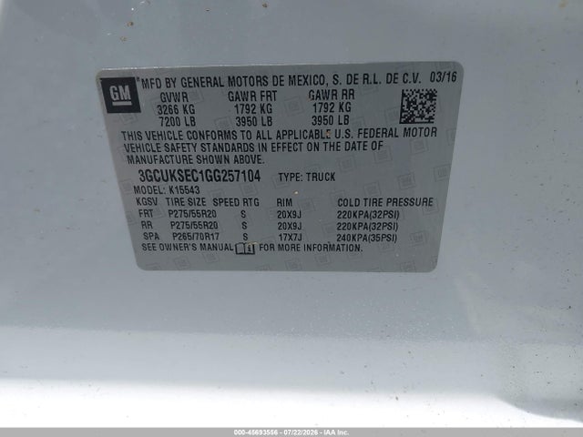 2016 Chevrolet Silverado 1500 Ltz მანქანა იყიდება აუქციონზე, vin: 3GCUKSEC1GG257104, აუქციონის ნომერი: 45693556