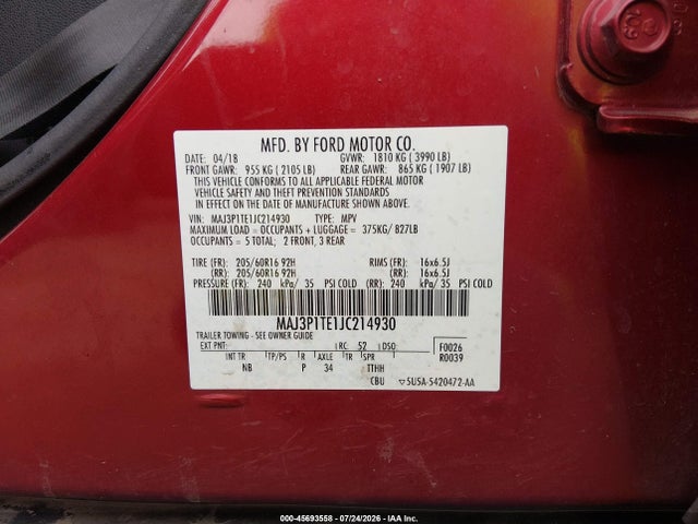 Продаж на аукціоні авто 2018 Ford Ecosport Se, vin: MAJ3P1TE1JC214930, номер лоту: 45693558