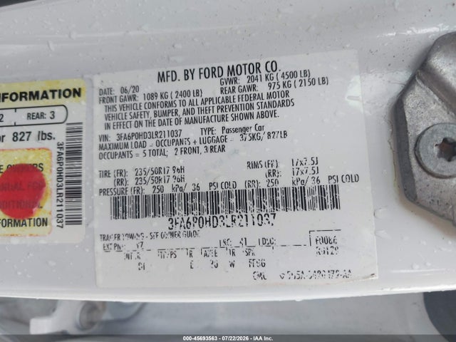 Ford FUSION SE 2020 3FA6P0HD3LR211037 Image 9