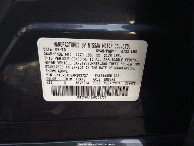 45693590 :رقم المزاد ، JN1CV6AP6AM203727 vin ، 2010 Infiniti G37 Journey مزاد بيع