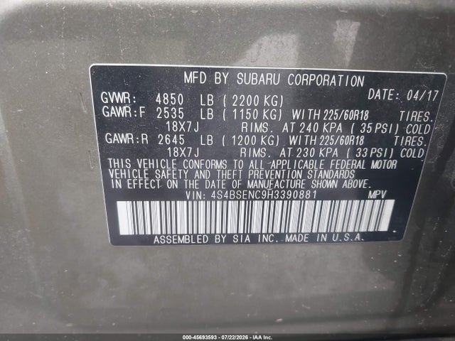 Продаж на аукціоні авто 2017 Subaru Outback 3.6r Limited, vin: 4S4BSENC9H3390881, номер лоту: 45693593