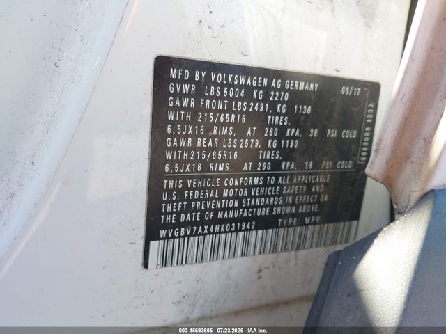 45693605 :رقم المزاد ، WVGBV7AX4HK031942 vin ، 2017 Volkswagen Tiguan 2.0t/2.0t S مزاد بيع