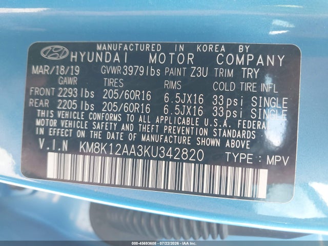 Aukcja sprzedaży 2019 Hyundai Kona Se, vin: KM8K12AA3KU342820, numer aukcji: 45693608