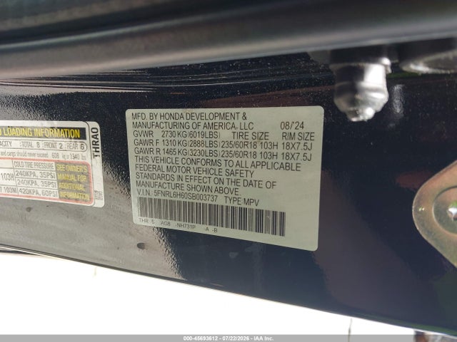 Auction sale of the 2025 Honda Odyssey Ex-l, vin: 5FNRL6H60SB003737, lot number: 45693612